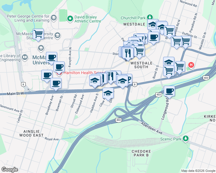 map of restaurants, bars, coffee shops, grocery stores, and more near in Hamilton