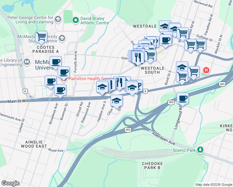 map of restaurants, bars, coffee shops, grocery stores, and more near in Hamilton