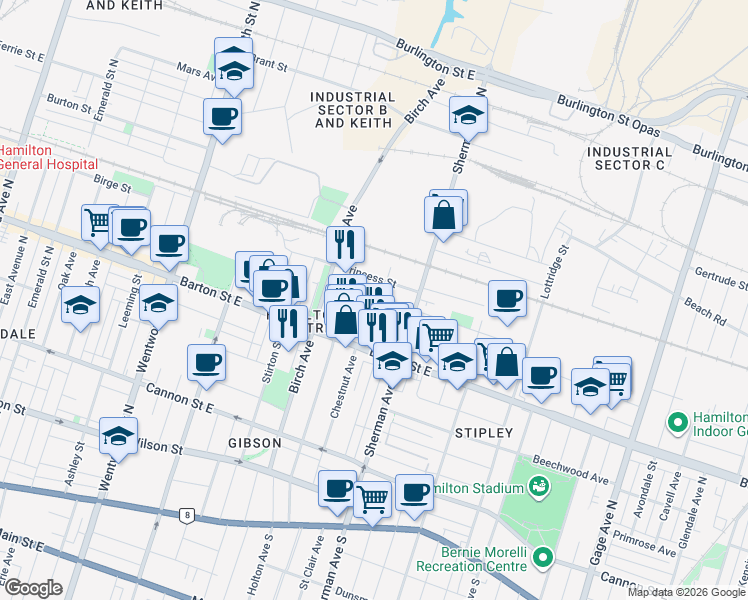 map of restaurants, bars, coffee shops, grocery stores, and more near 49 Earl Street in Hamilton