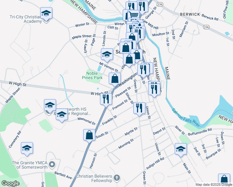 map of restaurants, bars, coffee shops, grocery stores, and more near 33 Pleasant Street in Somersworth