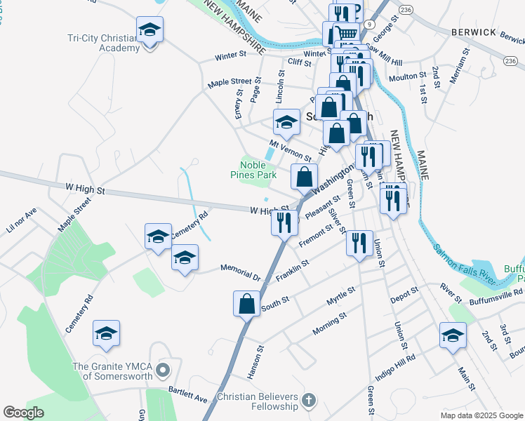 map of restaurants, bars, coffee shops, grocery stores, and more near 22 West High Street in Somersworth