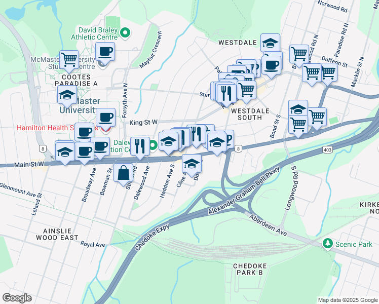 map of restaurants, bars, coffee shops, grocery stores, and more near in Hamilton