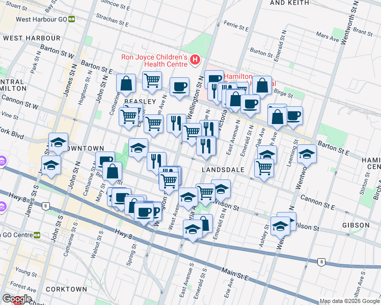 map of restaurants, bars, coffee shops, grocery stores, and more near 171 West Avenue North in Hamilton