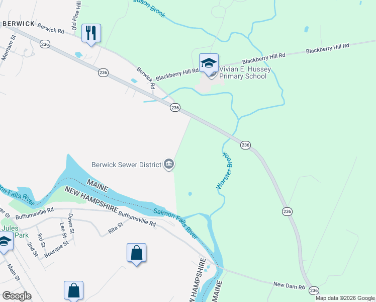 map of restaurants, bars, coffee shops, grocery stores, and more near 106 Maine 236 in Berwick