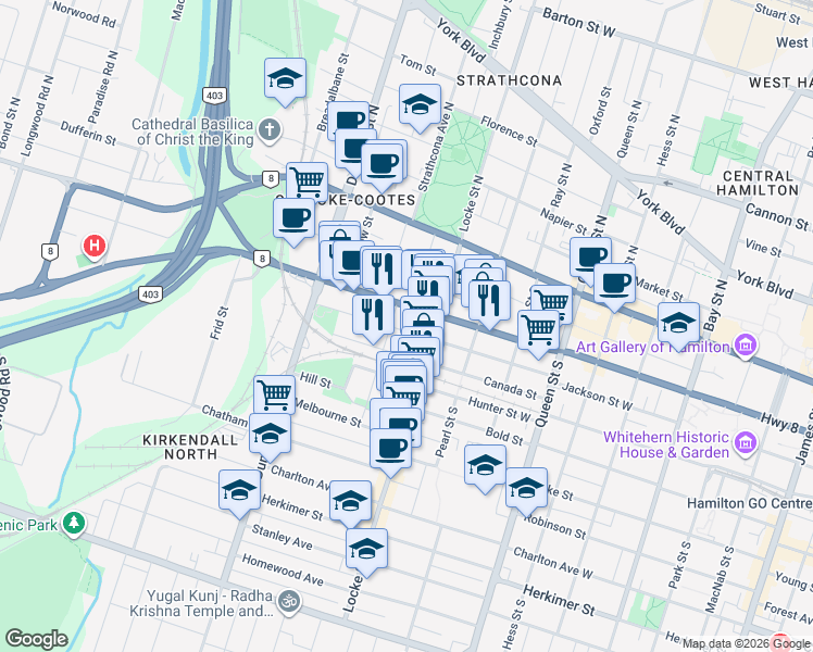 map of restaurants, bars, coffee shops, grocery stores, and more near 376 Jackson Street West in Hamilton