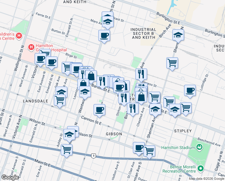 map of restaurants, bars, coffee shops, grocery stores, and more near 539 Barton Street East in Hamilton