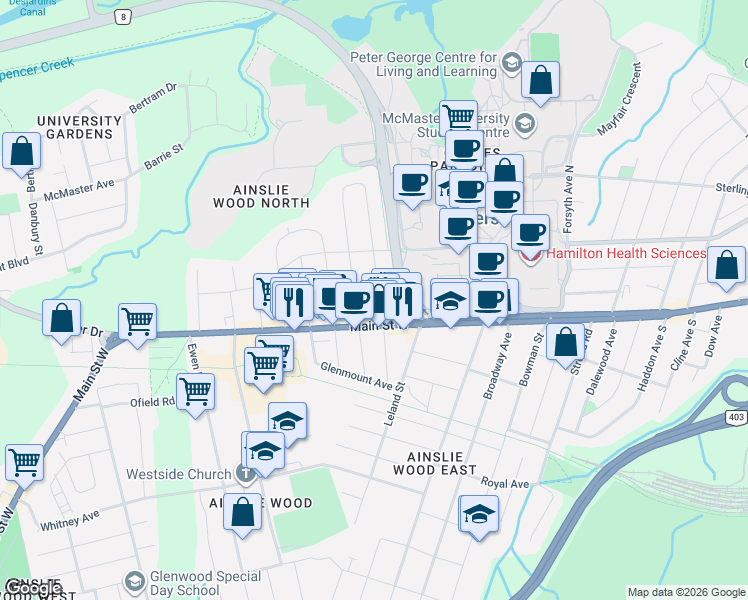 map of restaurants, bars, coffee shops, grocery stores, and more near 16 Thorndale Street North in Hamilton
