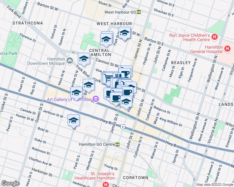 map of restaurants, bars, coffee shops, grocery stores, and more near 77 James Street North in Hamilton