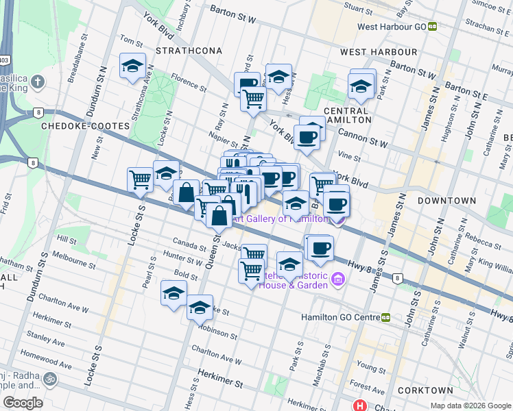 map of restaurants, bars, coffee shops, grocery stores, and more near 15 Hess Street South in Hamilton
