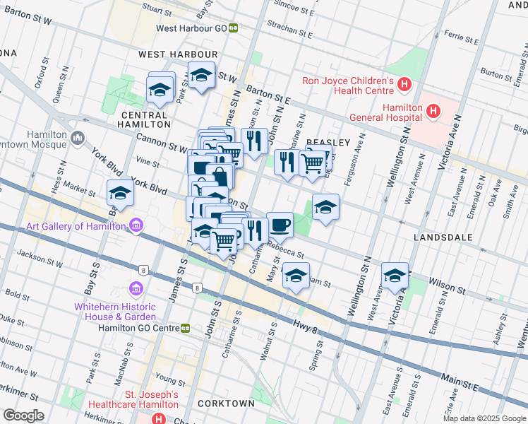 map of restaurants, bars, coffee shops, grocery stores, and more near 81 Wilson Street in Hamilton