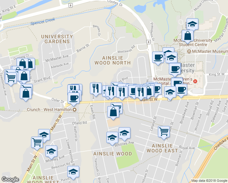 map of restaurants, bars, coffee shops, grocery stores, and more near 26 Binkley Road in Hamilton