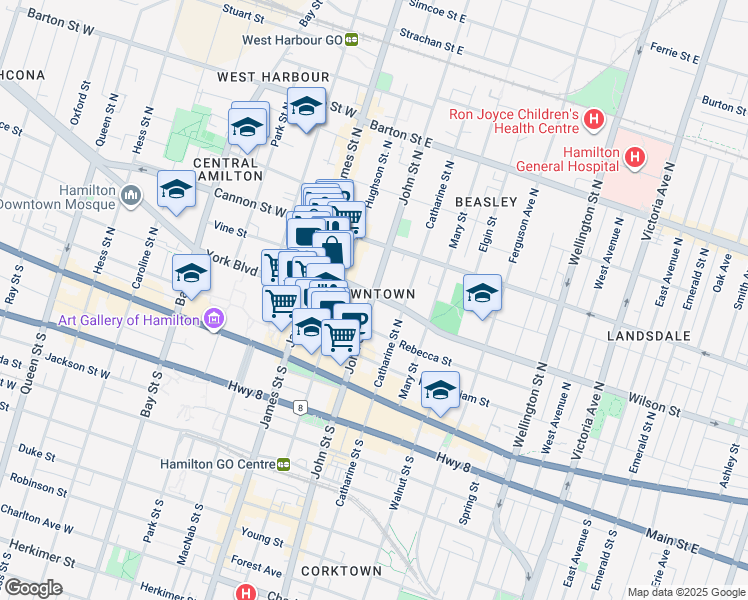 map of restaurants, bars, coffee shops, grocery stores, and more near 24 Wilson Street in Hamilton