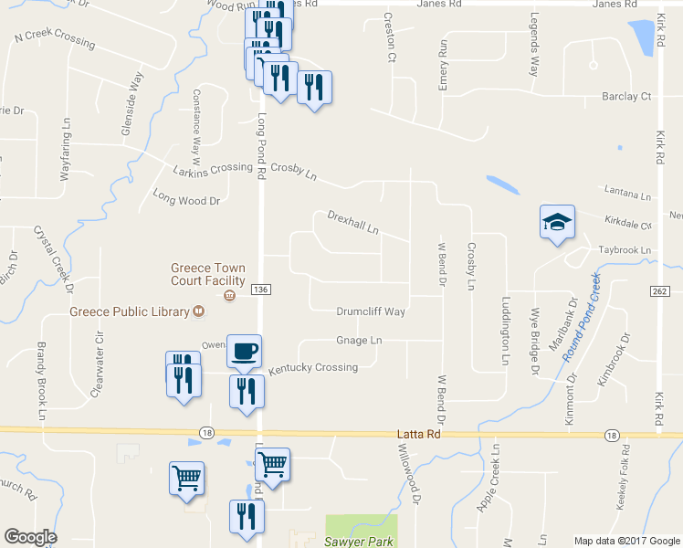 map of restaurants, bars, coffee shops, grocery stores, and more near 228 Squire Dale Lane in Rochester