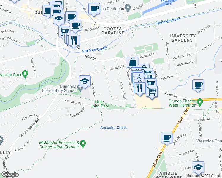 map of restaurants, bars, coffee shops, grocery stores, and more near 27 Woodward Avenue in Hamilton