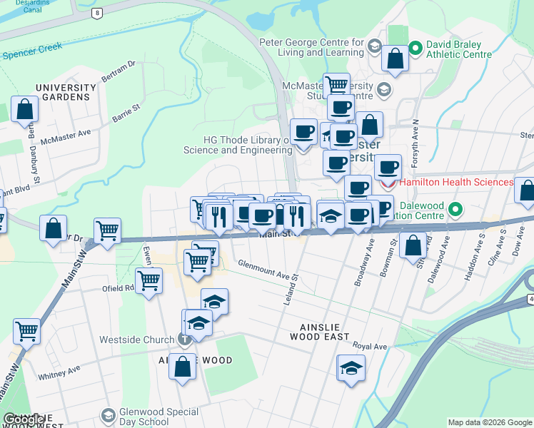 map of restaurants, bars, coffee shops, grocery stores, and more near 16 Thorndale Street North in Hamilton