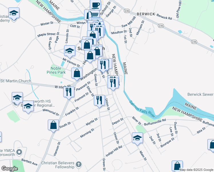 map of restaurants, bars, coffee shops, grocery stores, and more near 1 Plaza Terrace in Somersworth