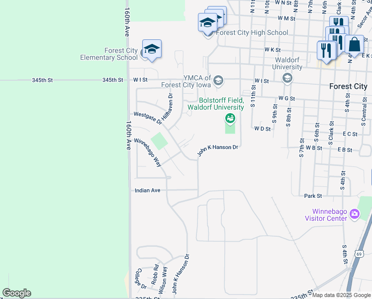map of restaurants, bars, coffee shops, grocery stores, and more near 102 Wingate Drive in Forest City