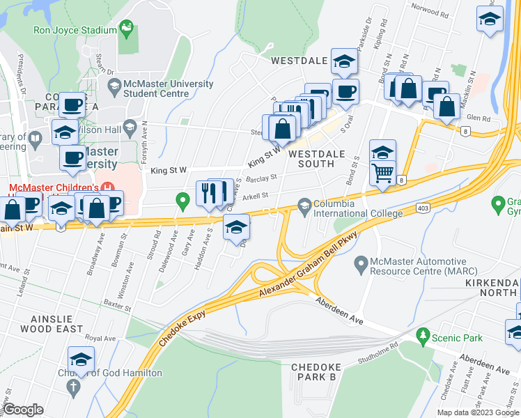 map of restaurants, bars, coffee shops, grocery stores, and more near 1062 Main Street West in Hamilton