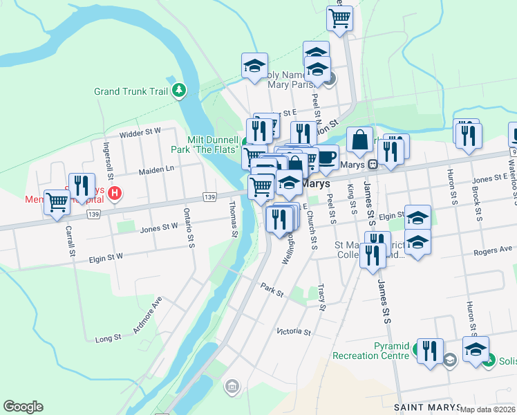 map of restaurants, bars, coffee shops, grocery stores, and more near 34 Water Street South in Saint Marys