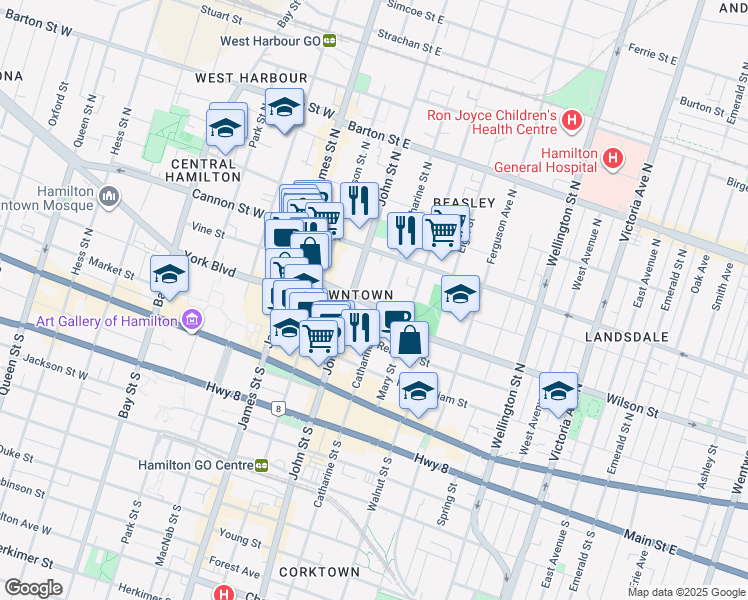 map of restaurants, bars, coffee shops, grocery stores, and more near 81 Wilson Street in Hamilton