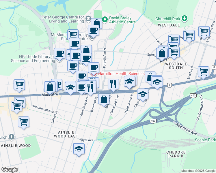 map of restaurants, bars, coffee shops, grocery stores, and more near 111 Traymore Avenue in Hamilton