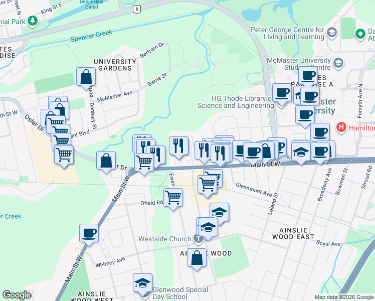 map of restaurants, bars, coffee shops, grocery stores, and more near 15 Westbourne Road in Hamilton