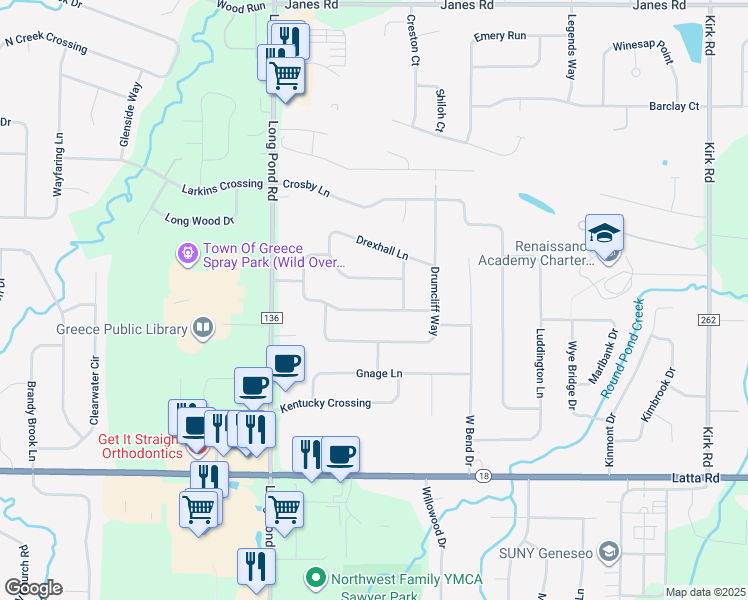 map of restaurants, bars, coffee shops, grocery stores, and more near 228 Squire Dale Lane in Rochester