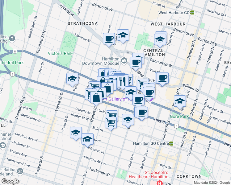 map of restaurants, bars, coffee shops, grocery stores, and more near in Hamilton