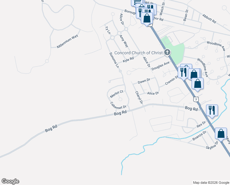 map of restaurants, bars, coffee shops, grocery stores, and more near 3 Merlot Court in Concord