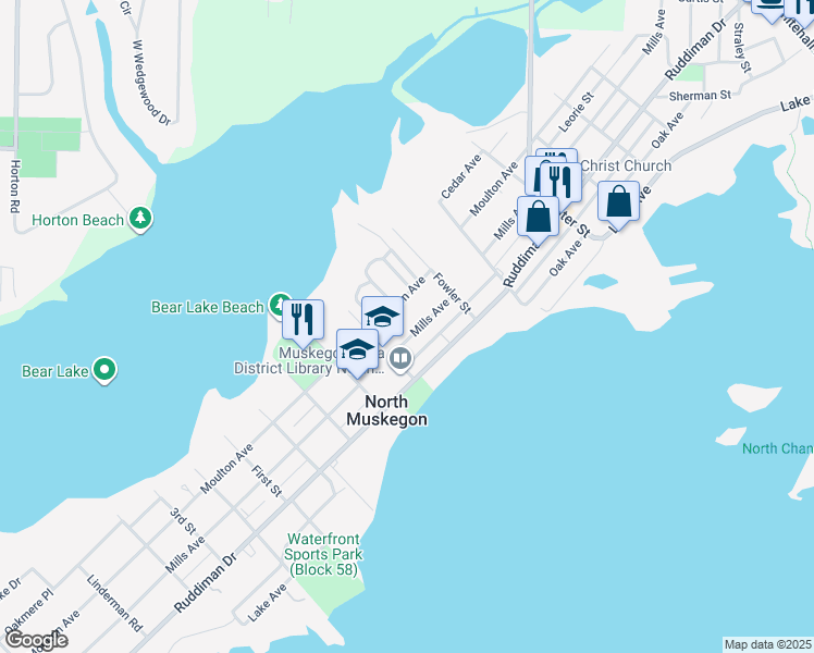 map of restaurants, bars, coffee shops, grocery stores, and more near 1622 Mills Avenue in Muskegon