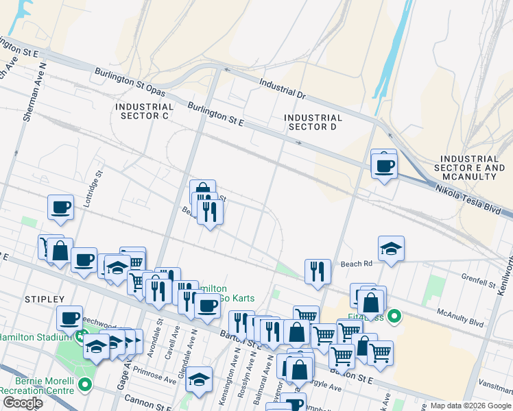 map of restaurants, bars, coffee shops, grocery stores, and more near 109 Gertrude Street in Hamilton