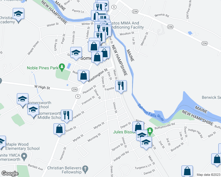 map of restaurants, bars, coffee shops, grocery stores, and more near 1 Plaza Terrace in Somersworth