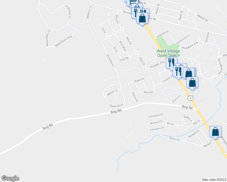 map of restaurants, bars, coffee shops, grocery stores, and more near 30 Cabernet Drive in Concord