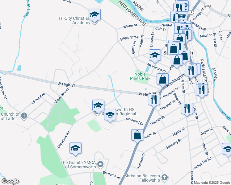 map of restaurants, bars, coffee shops, grocery stores, and more near 60 West High Street in Somersworth