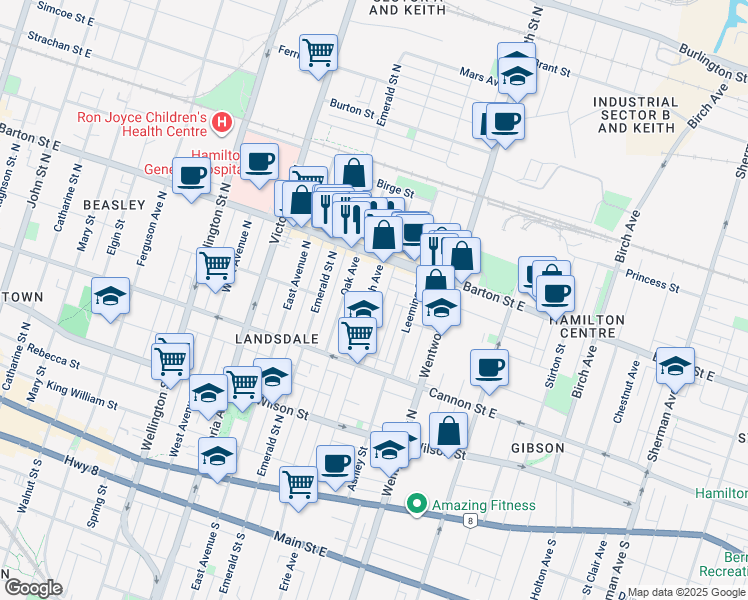 map of restaurants, bars, coffee shops, grocery stores, and more near 74 Smith Avenue in Hamilton