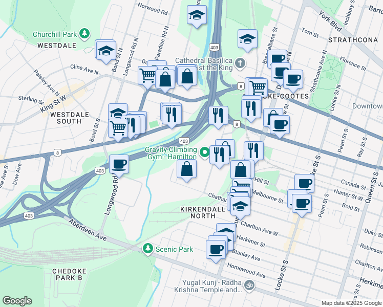 map of restaurants, bars, coffee shops, grocery stores, and more near 70 Frid Street in Hamilton