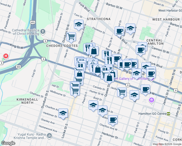 map of restaurants, bars, coffee shops, grocery stores, and more near 316 Main Street West in Hamilton