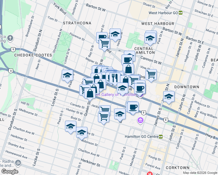 map of restaurants, bars, coffee shops, grocery stores, and more near 251 King Street West in Hamilton