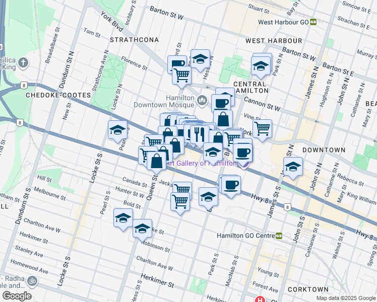 map of restaurants, bars, coffee shops, grocery stores, and more near 255 King Street West in Hamilton