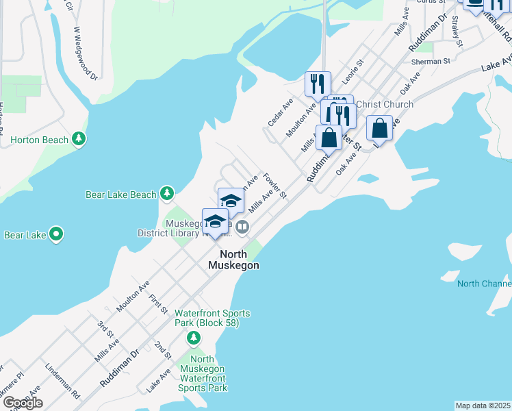 map of restaurants, bars, coffee shops, grocery stores, and more near 1600 Mills Avenue in North Muskegon
