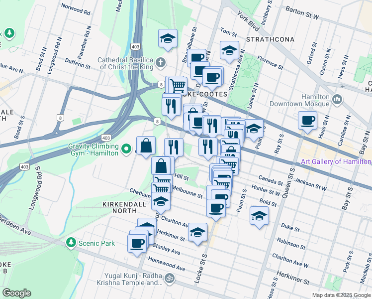 map of restaurants, bars, coffee shops, grocery stores, and more near 439 Jackson Street West in Hamilton
