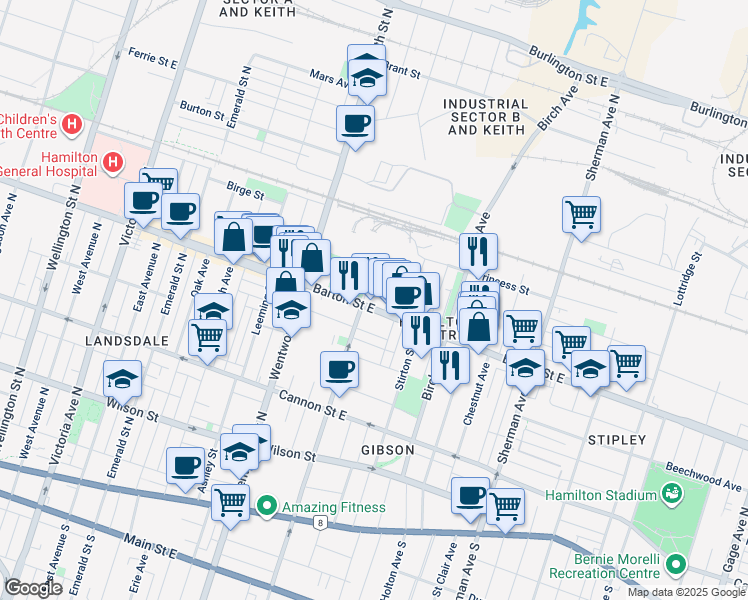 map of restaurants, bars, coffee shops, grocery stores, and more near in Hamilton