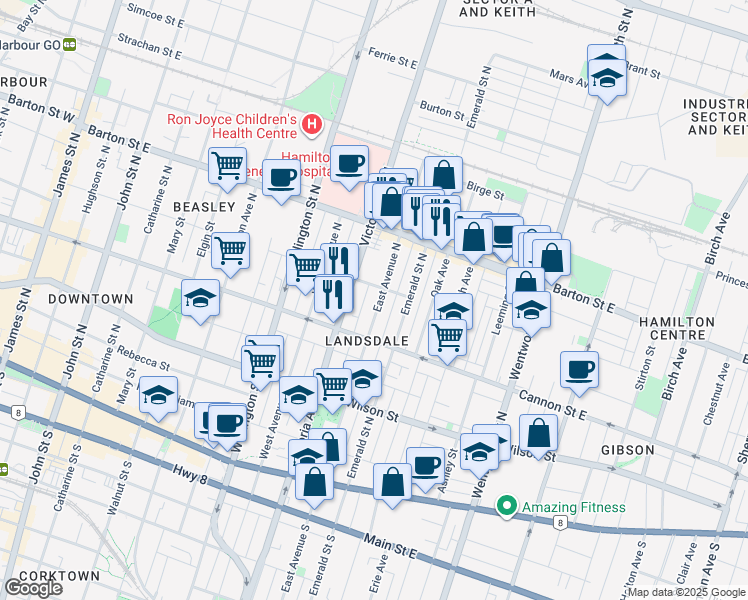 map of restaurants, bars, coffee shops, grocery stores, and more near 191 East Avenue North in Hamilton