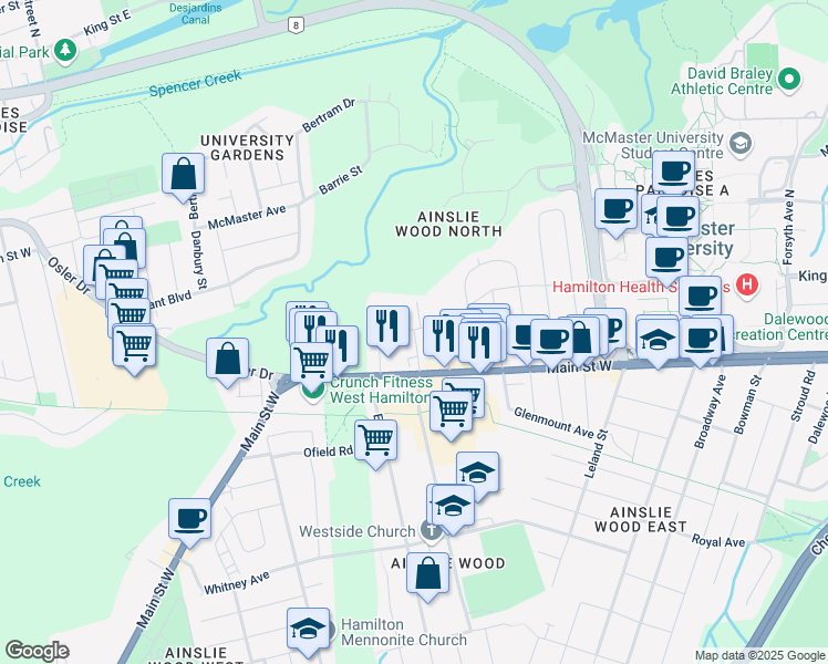map of restaurants, bars, coffee shops, grocery stores, and more near 15 Westbourne Rd in Hamilton