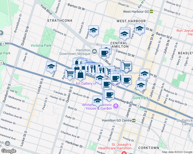 map of restaurants, bars, coffee shops, grocery stores, and more near 206 King Street West in Hamilton