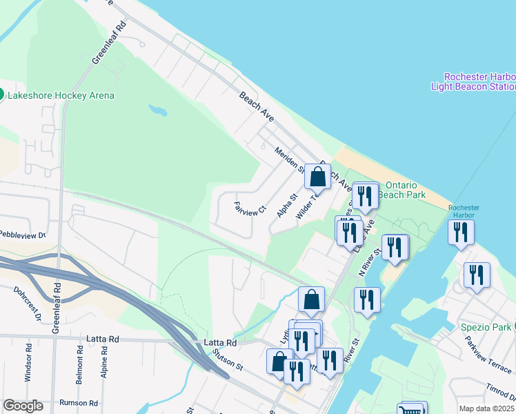 map of restaurants, bars, coffee shops, grocery stores, and more near 80 Fairview Court in Rochester