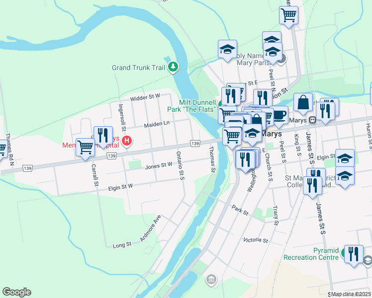 map of restaurants, bars, coffee shops, grocery stores, and more near 152 County Road 139 in Saint Marys