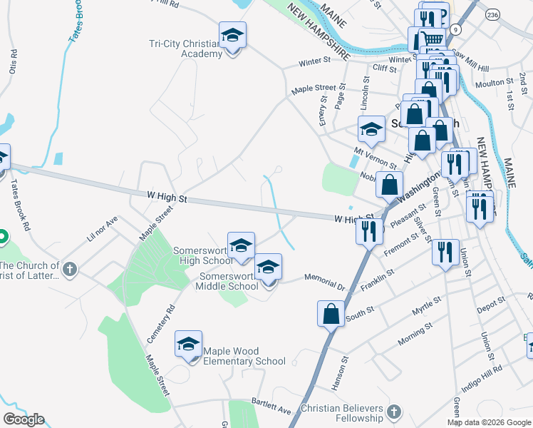 map of restaurants, bars, coffee shops, grocery stores, and more near 64 West High Street in Somersworth