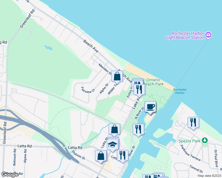 map of restaurants, bars, coffee shops, grocery stores, and more near 97 Wilder Terrace in Rochester