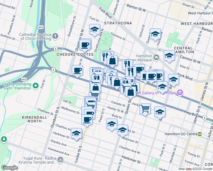 map of restaurants, bars, coffee shops, grocery stores, and more near 324 Main Street West in Hamilton